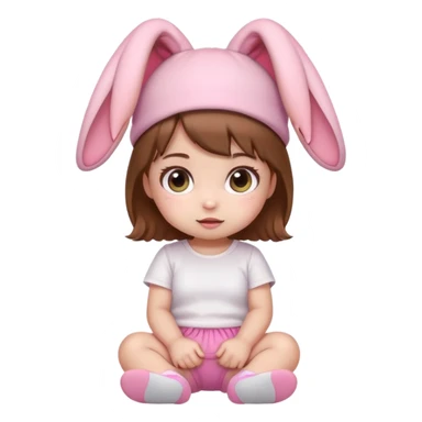 Kawaii baby girl emoji, sitting, brown hair, big eyes, pink bunny ear hat, white t-shirt, pink shorts sticker