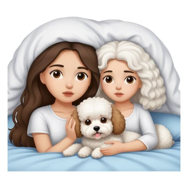 Brunette Long hair girl sick in bed with bichon frise dog sticker