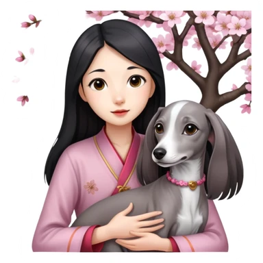 A young Chinese girl with long black hair and a pure grey Italian Greyhound with no white markings sitting under a cherry blossom tree sticker
