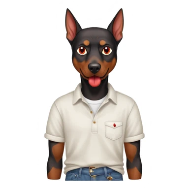 Generate a emoji of a big evil doberman dog with red eyes and a tongue sticking out, give the doberman a human body with a white shirt and baggy jeans sticker