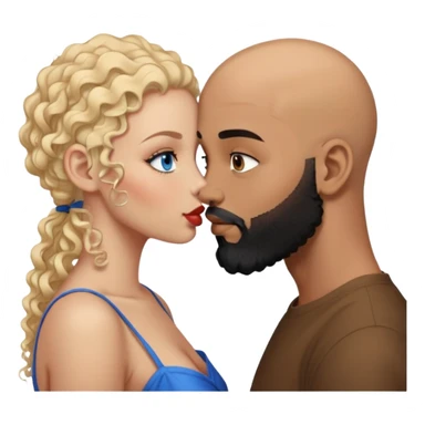 bald head man with brown eyes and black beard kissing African woman with blue eyes and curly blonde hair sticker