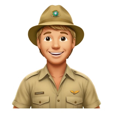 Cinematic Realistic Steve Irwin Portrait Emoji, depicted as a passionate wildlife expert in his signature khaki attire with an enthusiastic smile and a backdrop of the Australian outback, rendered with vibrant textures and dynamic natural lighting that captures his adventurous spirit. sticker
