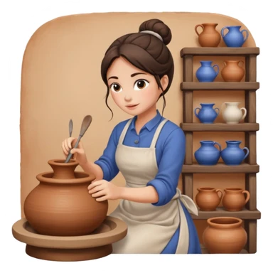 Brunette girl with bun, behind pottery wheel sticker