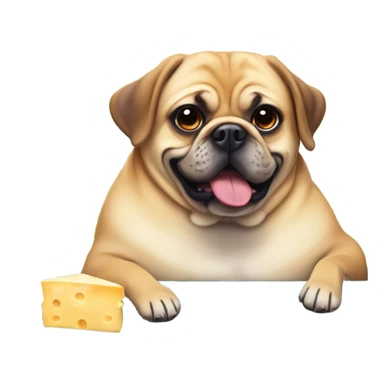 A tan puggle dog but super overweight and enjoying a piece of cheese by the pool sticker