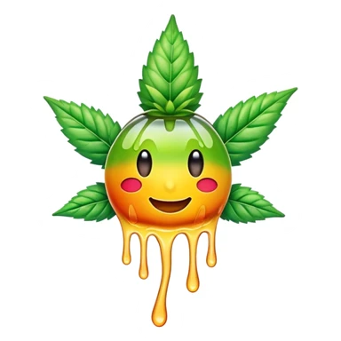 generate an emoji-style image of a juicy gummy shaped like a marijuana flower, make it colorful and with liquid dripping out sticker