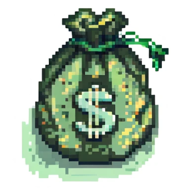 A money bag in pixel art style, featuring a green pixelated bag with a dollar sign, simple and retro design, no additional text or symbols. sticker