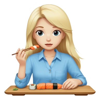 Blonde longhair girl eating sushi in sky blue shirt  sticker