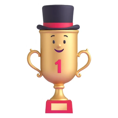 whimsical trophy with top hat on top and #1 written on the trophy body sticker