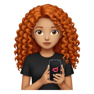 A girl with long, dark orange curly hair, wearing a black T-shirt, is holding a phone with the TikTok icon sticker
