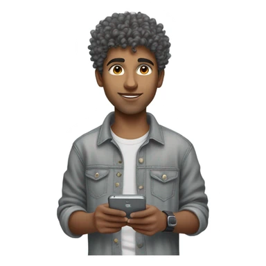 Pakistani boy wearing a grey oversized tee with grey jeans and timbs holding an iphone 16 texting high top fade curly hair sticker
