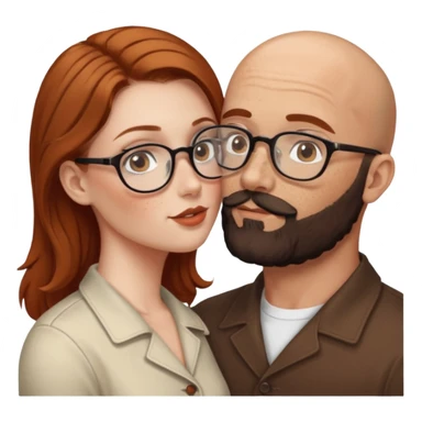Couple. Bald man with dark brown-black beard. White woman with many small, faded freckles, she has white skin and she has auburn-brown-cinnamon, dark long hair. She has light brown eyes. The man have hazel eyes and glasses. Retro style. She kisses him. sticker