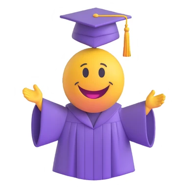 3D smiley emoji, round shape, student in graduation gown at diploma ceremony, purple color, happy face sticker