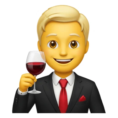 Yellow emoji with black suit and red tie, drinking wine, freaky smiling face, handsome sticker