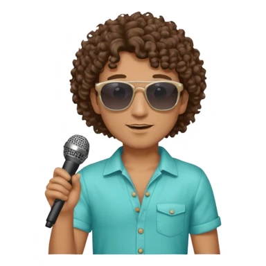 curly haired man with summer clothes and sun glasses holding microphone sticker