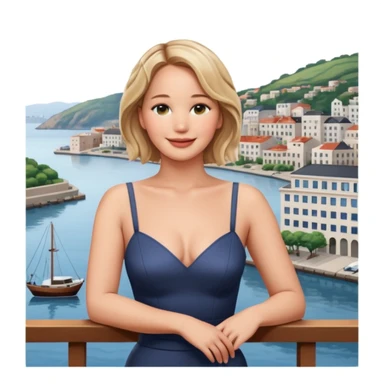 jennifer lawrence, closeup portrait , leaning on a balcony with a harbor and cityscape in the background, smiling sticker