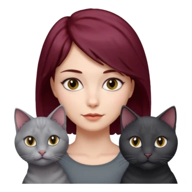 femme au cheveux court bordeau, yeux gris,  avec chat poils longs gris clair et chat poils ras noirs sticker