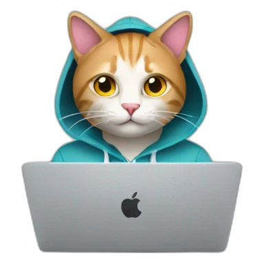 cat with hoodie and a macbook sticker