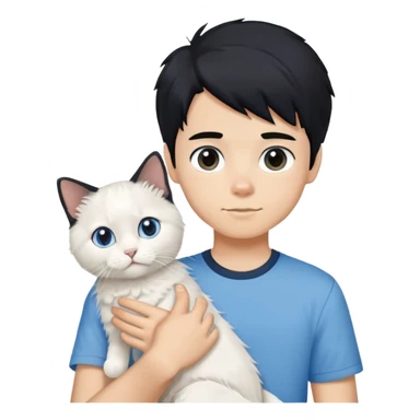 teenage boy with black hair wearing blue short sleeve shirt holding a white ragdoll cat sticker
