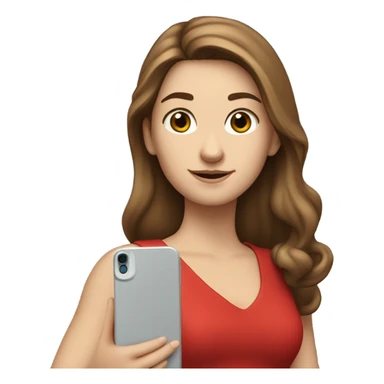 a white girl with log brown hair in a red dress holding a cell phone showing it sticker