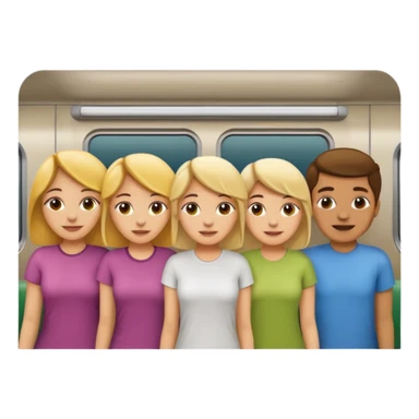 five happy people, mixed genders, friendly and close, inside a subway car similar to Apple emoji subway, wearing t-shirts in various light colors, Apple emoji style sticker
