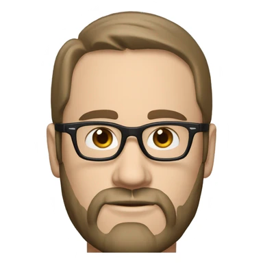 White man with brown hair and a black beard, has thick eyebrows is wearing black sight glasses. Big nose. Half closed brown eyes. Wearing a Nike cap sticker