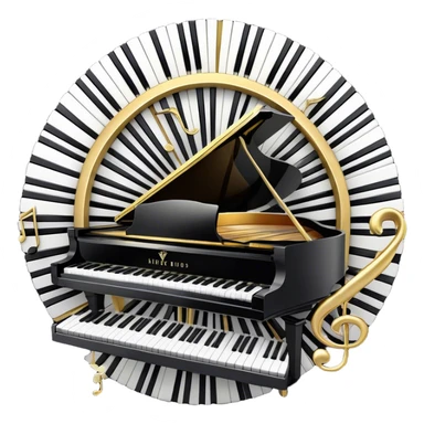 Create an elegant and festive emoji collage representing keyboard instruments, styled like a heraldic emblem. The design should feature a central focal point of black and white piano keys, arranged in a semi-circular or shield-like shape. Around the piano keys, add intertwining musical notes that form flowing ribbons, creating a dynamic and celebratory atmosphere. The design should be professional, with polished silver and gold accents on the keys and notes, highlighting the luxury and sophistication of the instruments. Add subtle shading and lighting effects to give the design a refined, 3D appearance. The background should remain transparent, and the overall feel should evoke grandeur, artistry, and a sense of celebration. sticker