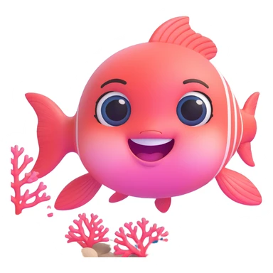 cute pink fish emoji, alternate pose, big smiling face, huge shiny eyes, rosy cheeks, tiny fins, soft pastel colors, underwater background with bubbles and coral, 3D glossy style, chibi emoji look, super kawaii sticker