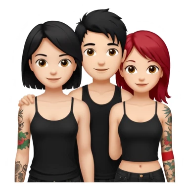 generate a fair boy with messy black hair, tattoos. standing beside a fair black haired girl wearing a black cami top and a tan girl with red hair sticker