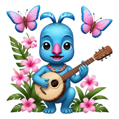 Pixar style little Blue and pink tiki singing with a butterfly, banjo, and tropical flowers, ultra detailed and lifelike imagery, realistic sticker