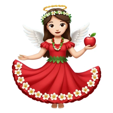 Lilo from Lilo & Stitch in a red dress with white flowers dancing hula with Angel, apple style emoji sticker