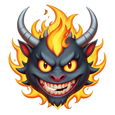 Create a dark-themed emoji of a demonic face with sharp, curved horns, glowing white eyes, an evil grin with large pointed fangs, and abstract flame-like patterns around the face. The background should be pure black. sticker