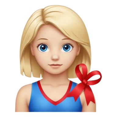 girl gymnast with blonde hair and blue eyes, holding a ribbon sticker