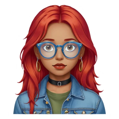 young woman, long red hair, blue translucent glasses, black choker, septum ring, denim jacket, calm expression, olive white skin sticker