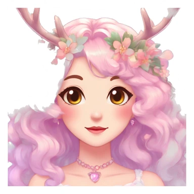 Gorgeous Shiny Colorful Pastel Anime Style Mature Lady with blushing face and pretty hair with a flower crown and antlers pastelcore kawaii cottagecore fairycore aesthetic trending style sticker