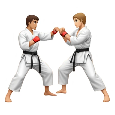 An icon representing traditional Karate, featuring two opponents in a martial arts dojo. One is performing a powerful punch, while the other defends with a block. The background showcases a classic dojo setting with wooden floors and sliding doors. Transparent background sticker