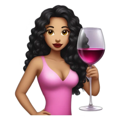 White latin girl with pink big lips, long curly black hair and glass of wine sticker