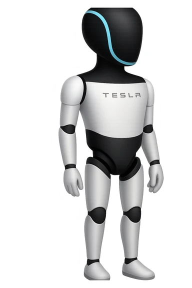 Create a fullbody Tesla robot emoji with the exact head from the reference image. The robot should have arms down pose, looking slightly to the side, and be in the apple emoji style. The style should be respected as closely as possible in the edit. sticker