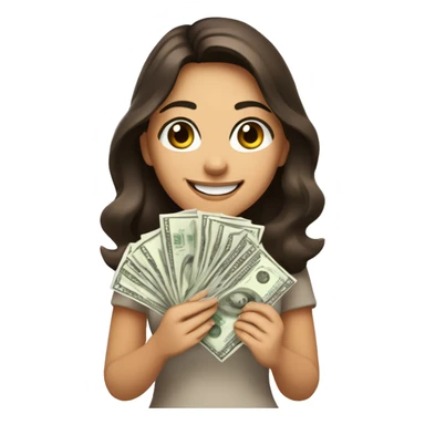 brunette girl with brown eyes with a beautiful smile holds paper dollars in her hands sticker