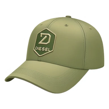 Army green Diesel cap, baseball hat with Diesel brand logo visible, khaki colored headwear, side view sticker