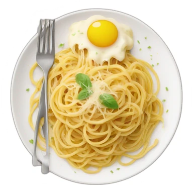 spaghetti carbonara sobre un plato grande y cubiertos para comer sticker