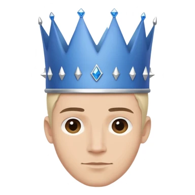 A friendly, clean-shaven young man wearing a large, plain blue crown bigger than his face. The crown has a wide base and small spikes, with no details or gems. Minimalist, modern style inspired by Apple aesthetics sticker