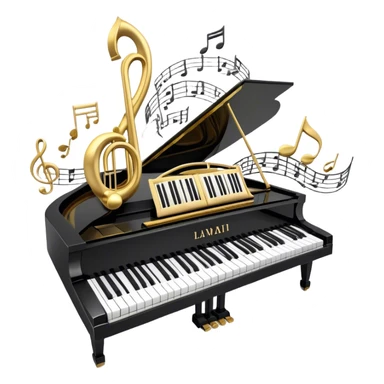 Create an elegant and festive emoji collage representing keyboard instruments, styled like a heraldic emblem. The design should feature a central focal point of black and white piano keys, arranged in a semi-circular or shield-like shape. Around the piano keys, add intertwining musical notes that form flowing ribbons, creating a dynamic and celebratory atmosphere. The design should be professional, with polished silver and gold accents on the keys and notes, highlighting the luxury and sophistication of the instruments. Add subtle shading and lighting effects to give the design a refined, 3D appearance. The background should remain transparent, and the overall feel should evoke grandeur, artistry, and a sense of celebration. sticker