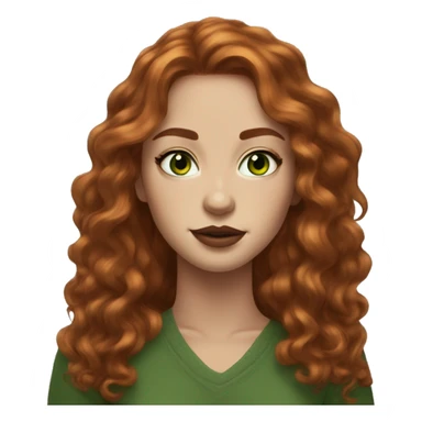 green eyes young woman central, small nose redhead long hair layers wavy freckles brown lipstick sticker