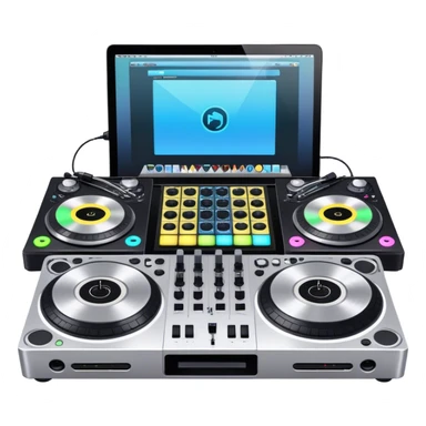 Create a professional and technical emoji that represents remixing music. The design should feature a high-end DJ controller, turntables with vinyl records, and a sound mixing console with faders to symbolize the technical aspects of remixing. Include elements like studio headphones and a laptop or digital audio workstation (DAW) screen to reflect the tools used in music production. Use colors like black, silver, and neon accents to convey the professional, high-tech nature of remixing. The background should be transparent. sticker