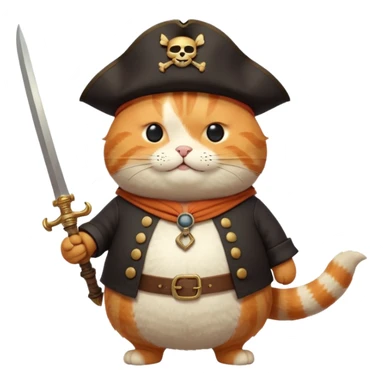 Anthropomorphic, cute fat cat pirate, dynamic, Q version proportions, form by Jon Klassen and Nicola Kinnea full body, rich details 8k, isolated on white background sticker