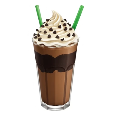 Vaso de vidrio con Frappé color café, crema en la parte superior con popote verde insertado en la crema, agregar encima de la crema chispas de chocolate. Colocar arriba de la crema insertada una galleta tipo oreo. sticker