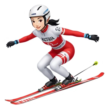 Ski racer downhill squat woman red white dress Austria lettering Ski Head lettering black hair smile sticker