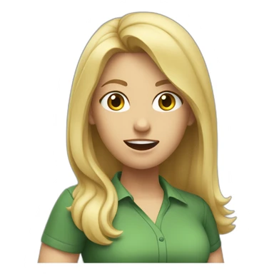 front view woman teacher long blonde hair green shirt no glasses yelling sticker