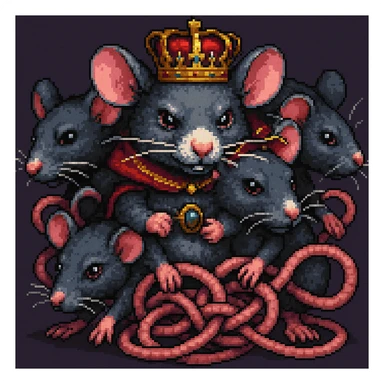 Enhance the image to show more tangled tails among the rats in a pixel art style. Emphasize the pixel art aesthetic with clear, blocky pixels and vibrant colors typical of pixel art. Increase the complexity and visibility of the tails to appear more intertwined and tangled, while maintaining the pixel art style. sticker