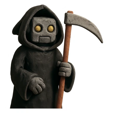 claymation style AI robot as the Grim Reaper with textured clay look, black cloak, holding a scythe sticker